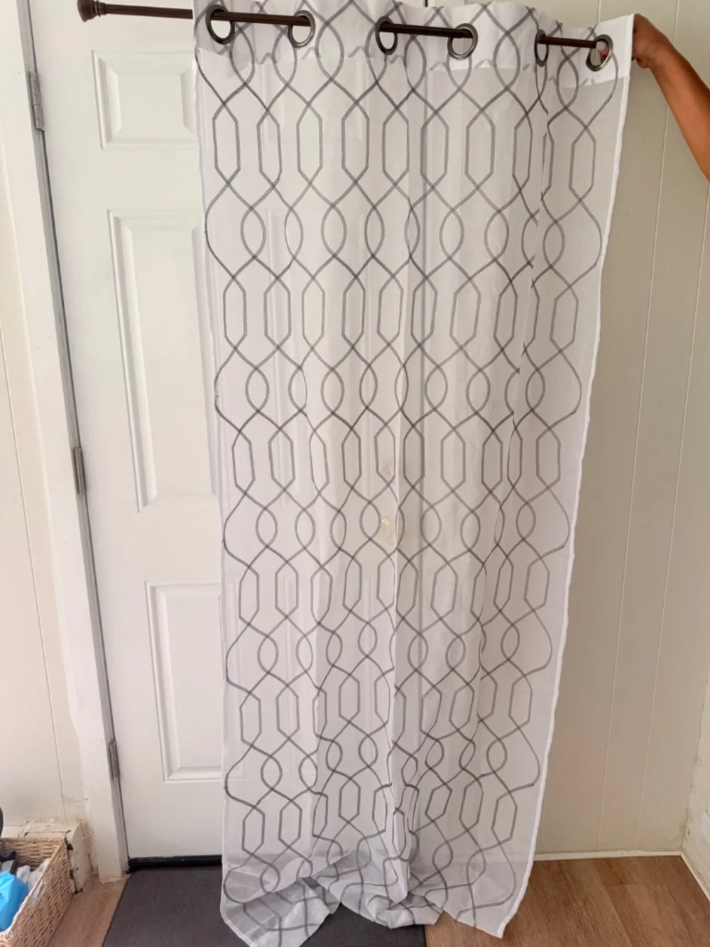 White Sheer Grommet Curtain Panel with grey Trellis Pattern